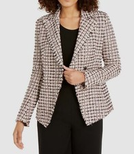 840 Elie Tahari Women's Beige Black Jezebel Tweed Frayed-Trim Plaid Jacket US 8