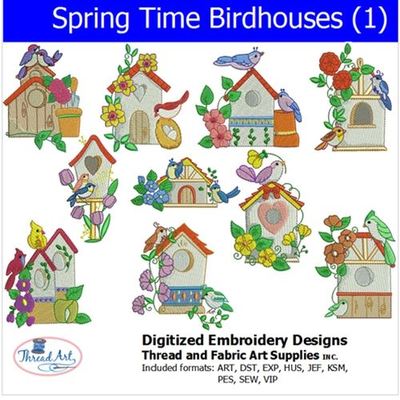 Embroidery Design Set- Spring Time Birdhouses -10 Designs -8 Formats - USB Stick