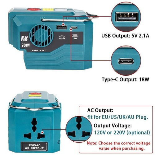 200W Power Inverter for Makita LXT 18V Battery Convert to AC 120V/220V w/Type-C - Picture 8 of 20