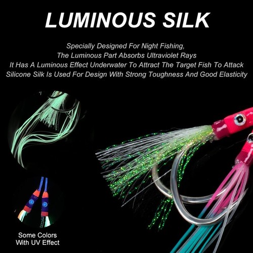 5 Pairs Slow Sinking Jig Hook Rubber Skirts UV Glow Barbed Assist Fish Hooks - Picture 4 of 7