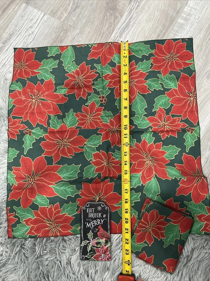 Poinsettia MistleToe Red Fabric Squares 2- 21”x21” With Sign Crafts Decor - Image 2 of 4