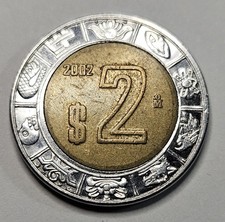 2002 Mexico $2 Pesos - Bi-metallic Coin - Mexican - Aztec Ring - World Coin