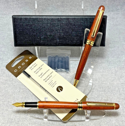 Unbranded Wooden Ballpoint & Fountain Pen Iridium F-Nib + FP Ink & Cross Refill