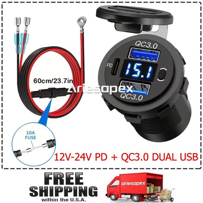 #ad 🔥12V 24V PD QC3.0 Dual USB Car Fast Charger Power Socket Outlet LED Voltmeter $9.99