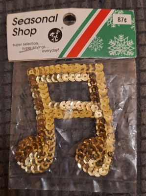 Vintage Musical Note 2.5x2.25 Gold Sequin Christmas Sew On Patch Applique NOS 41