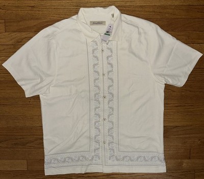 Tommy Bahama Paradise Coconut Camp Embroidered Silk Shirt Men s Large Brand New 