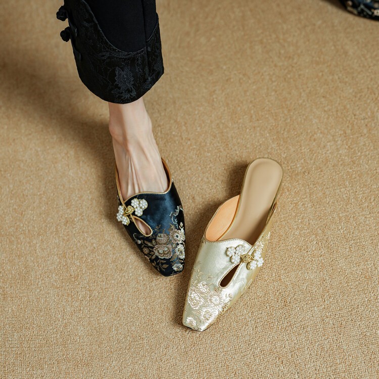 PANTOFOLA D’ORO Ciabatta donna punta quadrata tacco spesso stile cinese fibbia retrò piatta mezza trazione