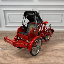 Red Metal Rickshaw Sculpture, Miniature Tricycle Bike Taxi, Coin Decor