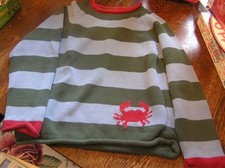 L.L. Bean KIDS Youth M 5/6 Cotton Blue  Green Stripe Rolled Edges w/ Red CRAB