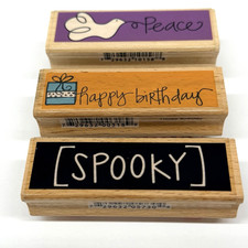 3 Wood Rubber Stamps Happy Birthday Peace Spooky Crafts Project Cards Scrapbook