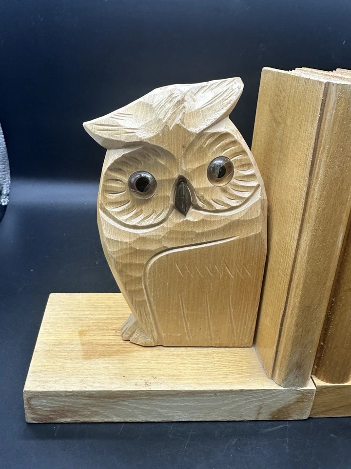 Vintage Owl Handmade Hand Carved Wooden Bookends Book Ends w/ Felt Bottoms - Image 2 of 4