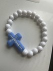 White Beaded Stretch Bracelet with Blue Cross "Jesus" Charm | Christianity — photo 4