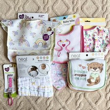 Baby Girl Bib Lot - NWT Bibs Pacifier Clip Muslin Burp Cloths, 15 Piece Bundle