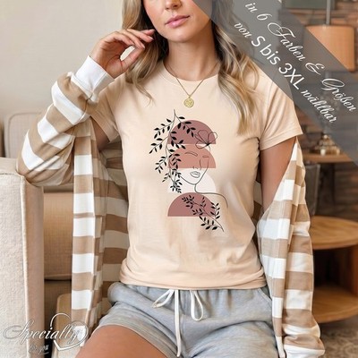  Bedrucktes Damen T-Shirt LEA 100% Baumwolle Line Art Design Floral  