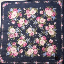 VTG MARIO VALENTINO Scarf Handkerchief Rose Floral Navy Blue Pink 18in