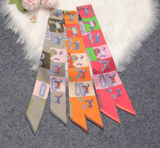 Pure 12 Momme Twill Silk Scarf fine horse Print Slim Head Band Neck Tie 85X5cm