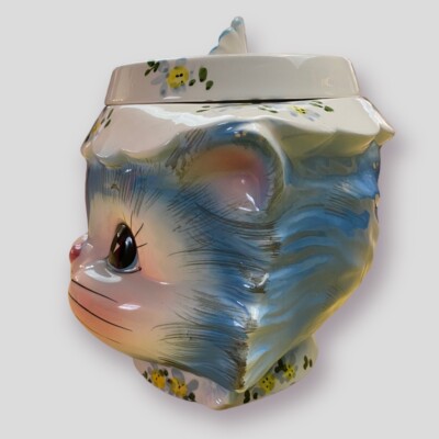 Vintage Lefton Blue Kitty Cat Miss Priss Ceramic Cookie Jar Japan
