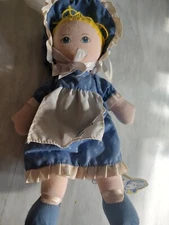 Vintage Dakin Blue Bonnet Sue Cloth Doll Blue White Dress with Original Tag