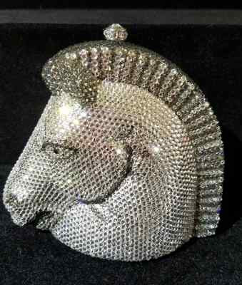 New Silver Horse Head & Clear Austrian Crystal Hard Shell Clutch Bag Party Purse