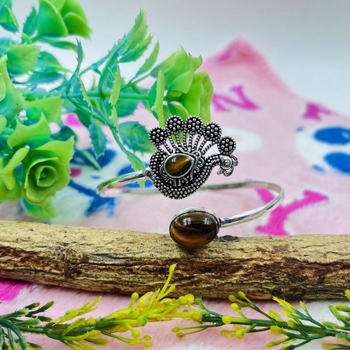 Pulsera brazalete hecha a mano de joyería de piedras preciosas ojo de tigre n... - Imagen 3 de 4