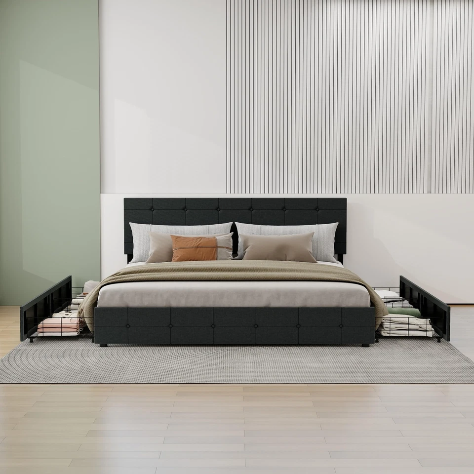 Cama plataforma tapizada de fácil montaje con cajones de almacenamiento soporte fuerte Foto 2 de 4