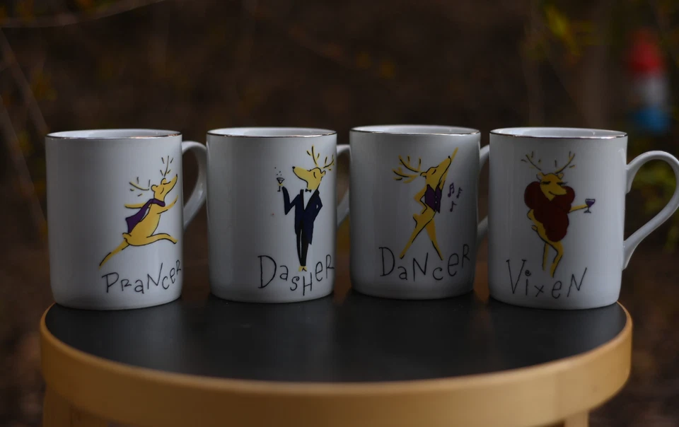 PotteryBarn Santa ReinDeer Porcelain Coffee Mugs coffee mugs cups Set Of 4 - Image 2 of 4