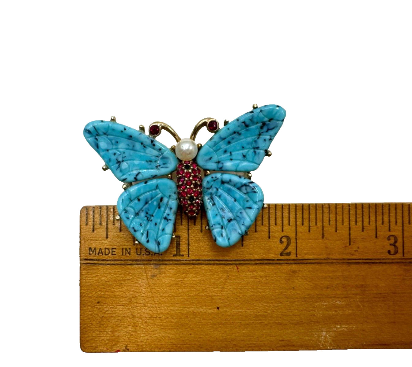 CINER SIGNED BLUE ETCHED GLASS RUBY RED RHINESTON… - image 9