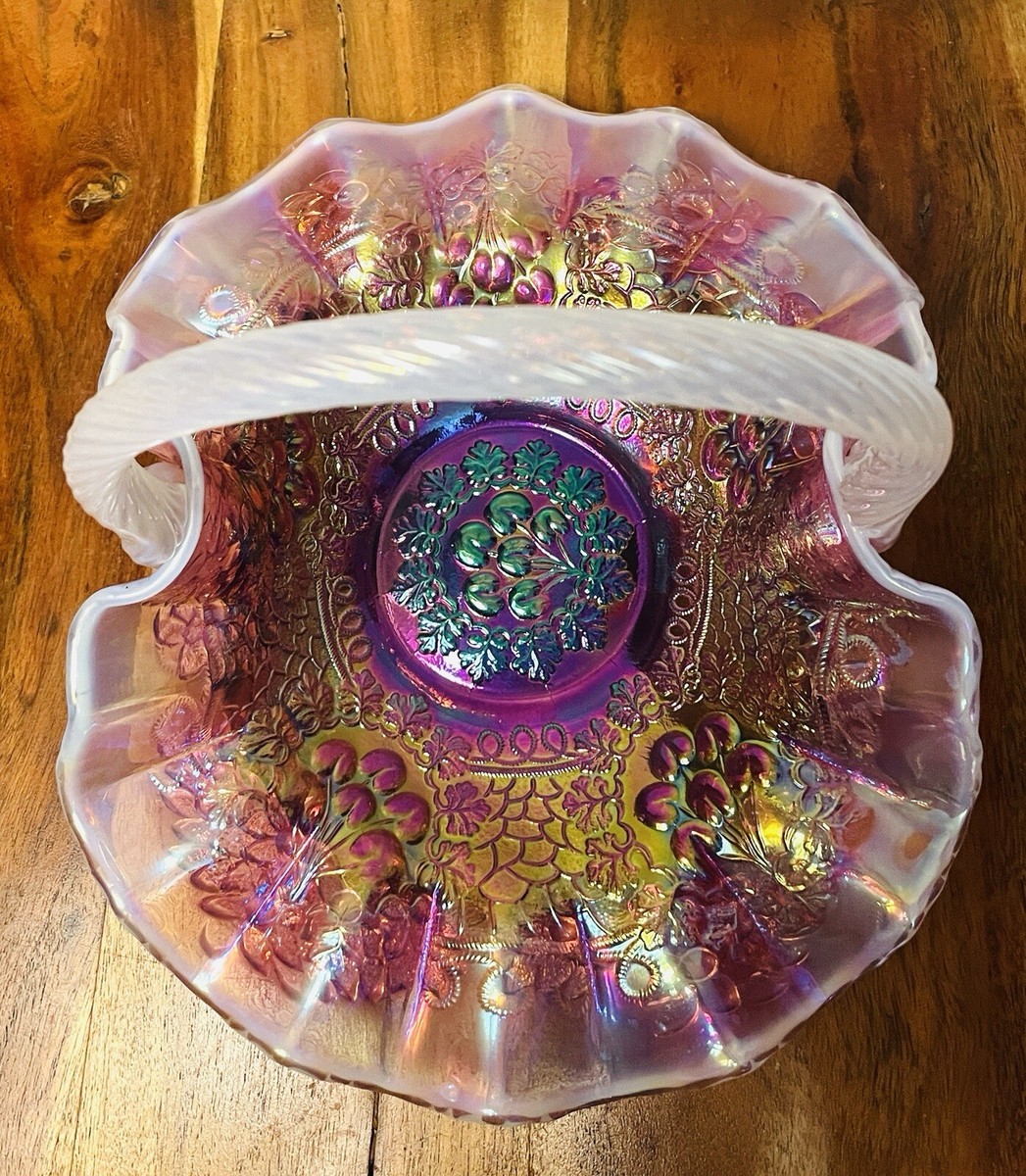 <HKさま専用＞フェントン ブルーイリデセントグラス・プラムクレスト コンポート FENTON Iridescent Plum Opalescent Cherry Carnival 8.5” Glass