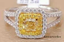 2CT Cushion Cut Real Citrine Split Shank Halo Wedding Ring 14K 2-Tone Gold Over