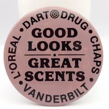 Vintage Dart Drug Store L'oreal Pinback Button Cosmetic Fashion Advertising Pin