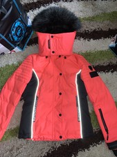 Ladies Size S Uk 8 Superdry Bright Pink/orange Ski Jacket Coat Faux Fur Hood Vgc