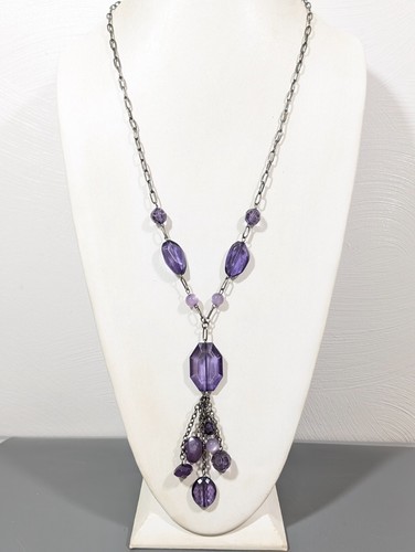 Gray Metallic Purple Bead Chain Tassel Long Necklace Whimsigoth Boho 30 in - Picture 2 of 9