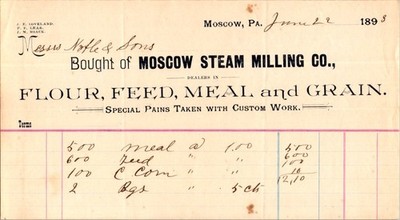 1898 Moscow Steam Milling Company Moscow PA Commercial Invoice Flour Feed