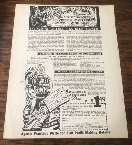 1946 The 7 Keys to Power by Mr Lucks Curio Co - Vintage Magazine Ad Clipping