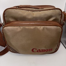 VINTAGE Canon Camera Bag Beige Brown Leather Canvas 3 Zip Pockets Retro S-1 TN
