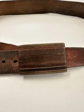 Vintage 70s KENNETH REID Leather Belt Brass Wood Look Buckle 42.5” 1st Hole @ 36