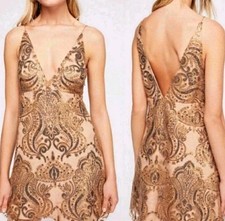 Free People Night Shimmer Y2K Mini Dress Womens 4 Brown Sequins Glam Babydoll