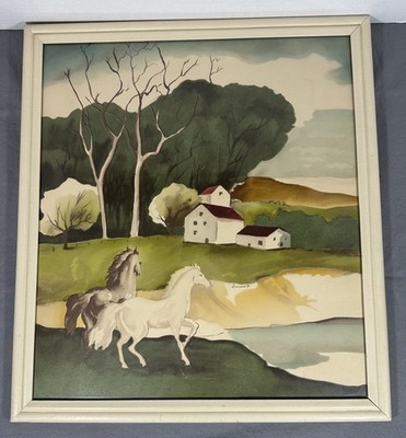 Bernard Picture Co NY Watercolor Horses Cottage Landscape Vintage 17x19 Framed
