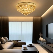 Modern Elegant Crystal Ceiling Light Gold Round Flush Mount Chandelier Lighting