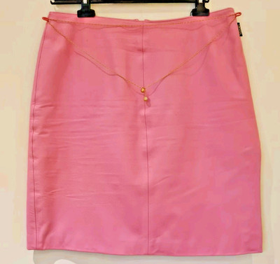 Vintage Versace Jeans Couture Rosa Leder Rock 46 UK 14 Gold Medusa Kette Gürtel
