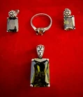 Vintage 925 Sterling Silver Peridot Earrings & Pendant Set + Free Ring - 9.5
