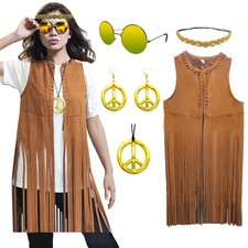 60s 70s Outfits Women Hippie Costume Fringe Faux Suede Tassel Vest Headband