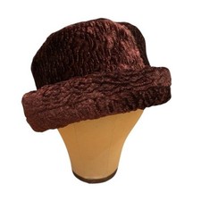 Vtg Crushed Velvet Hat Rolled Brim Burgundy Pillbox OS