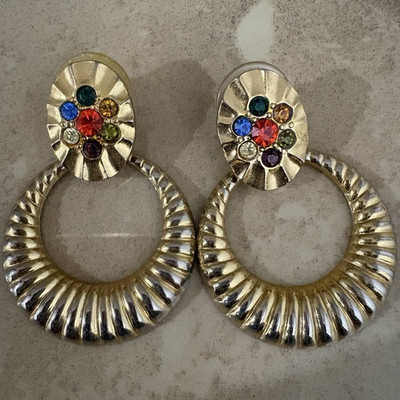 Gold Tone Clip-On Hoop Dangle Earrings Multicolor Round Crystal Cluster