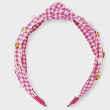 Pink Gingham Top Knot Headband Pearl Gem Embellished Knotted Headband NWT