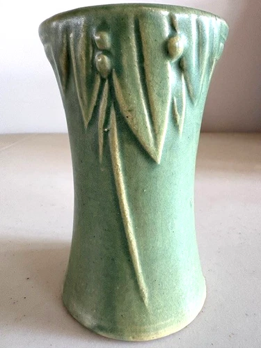Vintage McCoy Art Pottery Matte Green Embossed Leaves & Berries 5-inch Vase