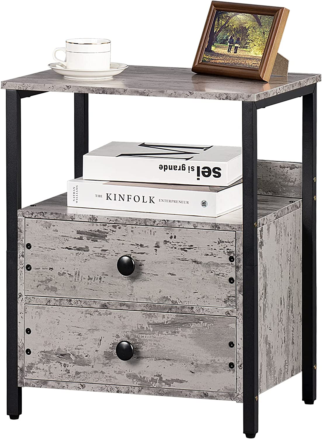 Industrial Nightstand with 2 Drawers and Open Shelf, Bedside Side Table-image