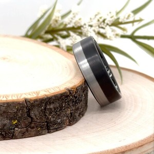 Christmas Gift Ring Brushed finish Stepped Edge Band 8mm Black & Silver Tungsten