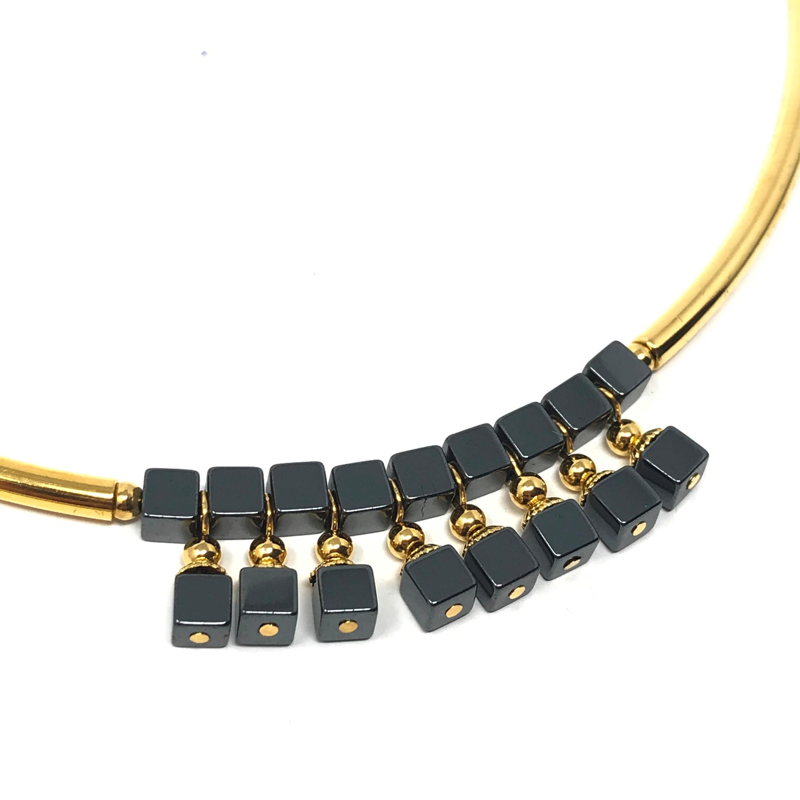 Stone N String Necklace Goldtone with Onxy Beads Christmas Gift Birthday Present