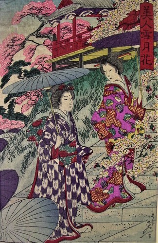 - alter japanischer Holzschnitt - GEISHAS - coloriert, signiert - Bild 3 von 12
